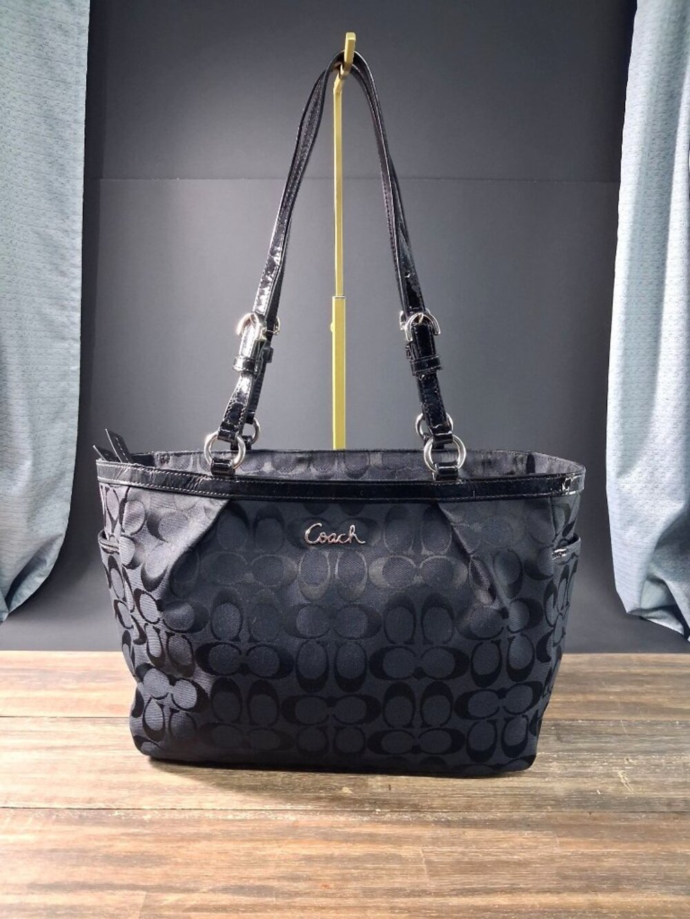 Coach Gallery East West Tote Bag Black Signature C Jacquard Patent Leather